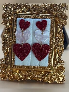 🌵 Triple Heart Dangle Earrings Pink Red